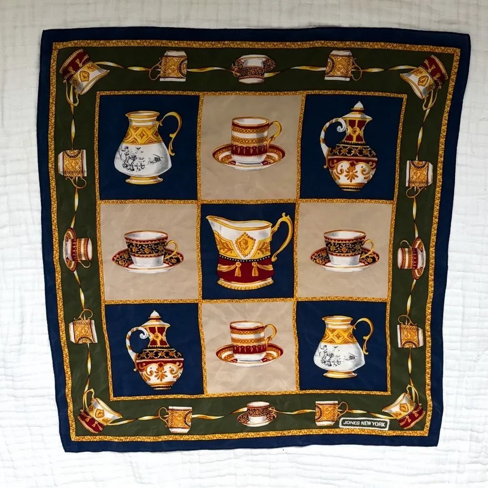 Vintage Jones New York Silk Scarf Hand Rolled Teacup Print 21” Grandmillennial